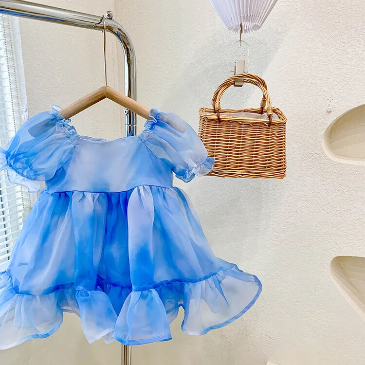 

Платья для маленьких девочек, детская одежда с пышными рукавами для младенцев, детские платья голубого цвета для девочек, детские платья дл...