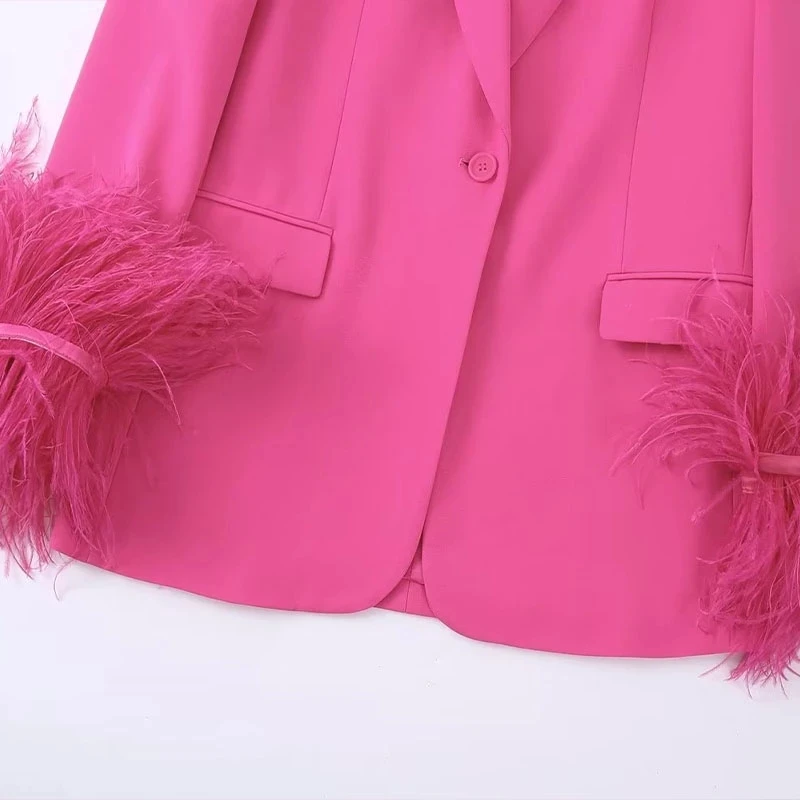 New Loose Women Blazer Vintage Long Sleeve Jacket Coat Cuffs With Feathers Ladies Outerwear Stylish Top Pants Set of 2 Home Suit