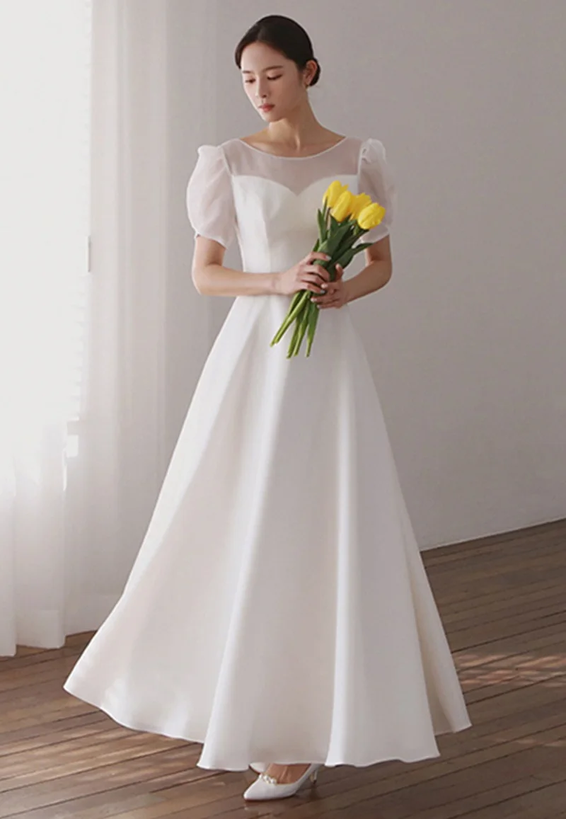 

Sexy 2023 Boat Neck A-Line Journey Photography Puffy Sleeves Bridal Dress Ankle Length Vintage Organza Corset Wedding Dress Gown