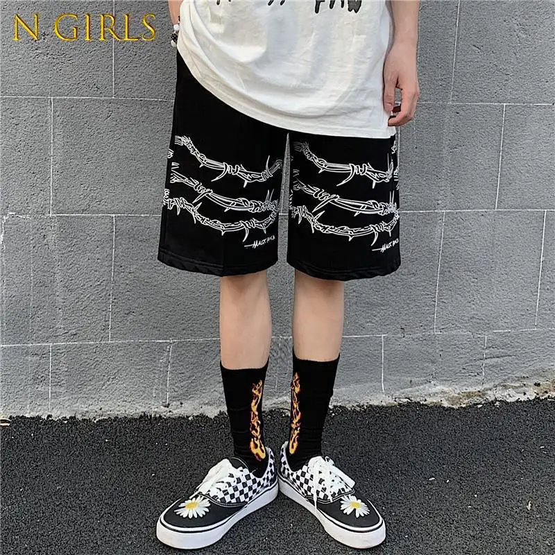 

N GIRLS Harajuku men shorts streetwear iron chain pattern jogger shorts women men Summer loose elastic waist Hip hop skateboard