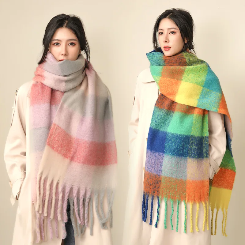 

2022 New Women Plaid Scarf Winter Pashmina Shawls Cashmere Thick Wraps Lady Tassel Warm Scarves Rainbow Hairy Bufanda