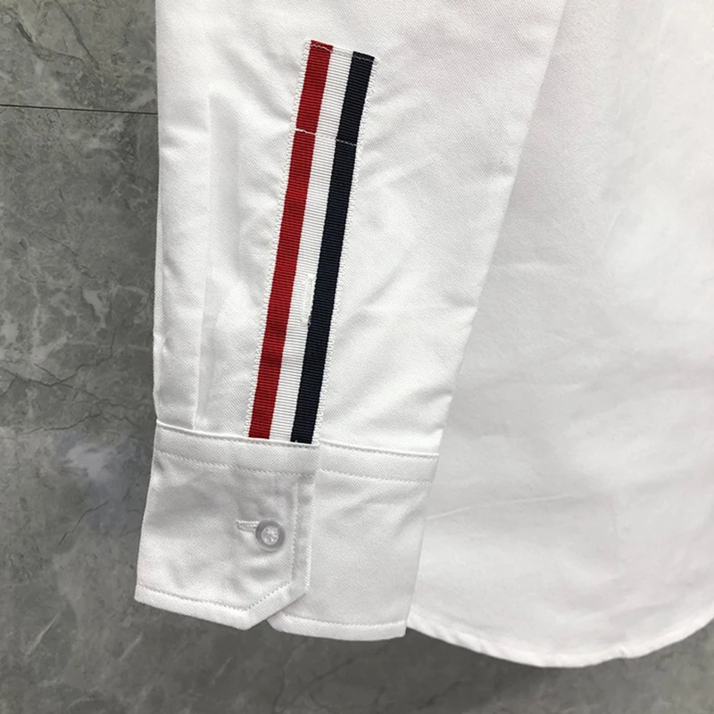 TB THOM Shirt Fashion Brand Tops Spring Autunm Vertical Stripe On Sleeve Design Casual Cotton Oxford Slim Wholesale Men’s Shirt