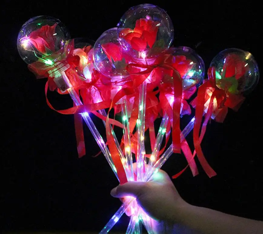 LED Party Light Up Glowing Red Rose Flower Wands Bobo Ball Stick For Wedding Valentine's Day Favor Decor 25PCS/LOT