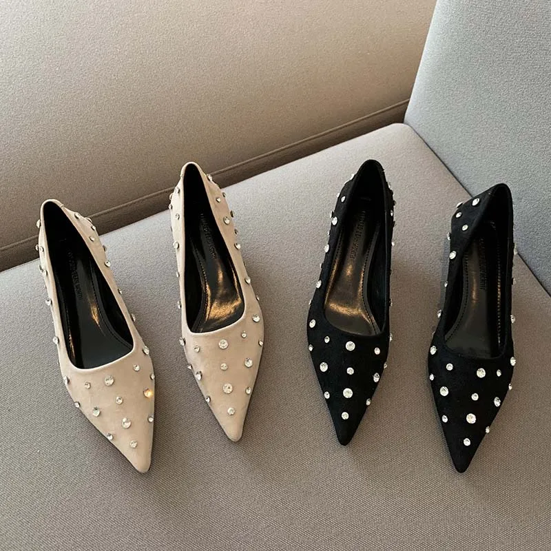 

Pointed Toe Women Pumps Flock Design Shallow Slip On Thin Low Heels Rhinestone Crystal Pumps Shoes Woman Office Size 35-39