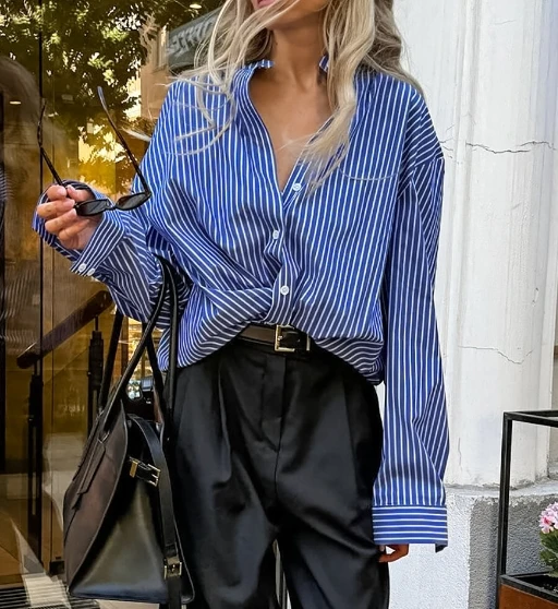 Уличный стиль женская мода синий и белый полосатый свободный кардиган рубашка