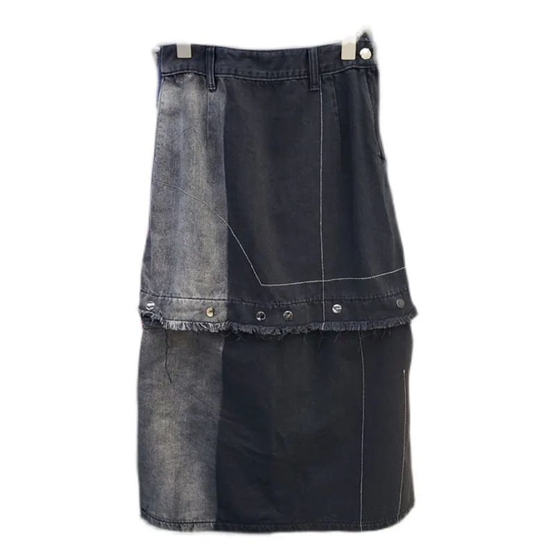 

SeeBeautiful Contrast Color Detachable Loose A-line Half-body Denim Skirt High Waist Lace Up Summer 2022 New Fashion Q335