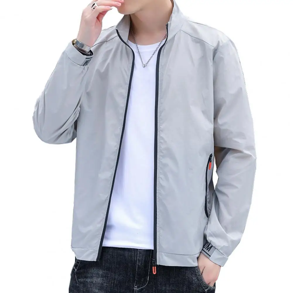 

Jackets Men Windbreaker Coats Long Sleeve Pocket Zipper Solid Color Stand-up Collar Elastic Cuff Men Sunscreen Coat Men Clothes