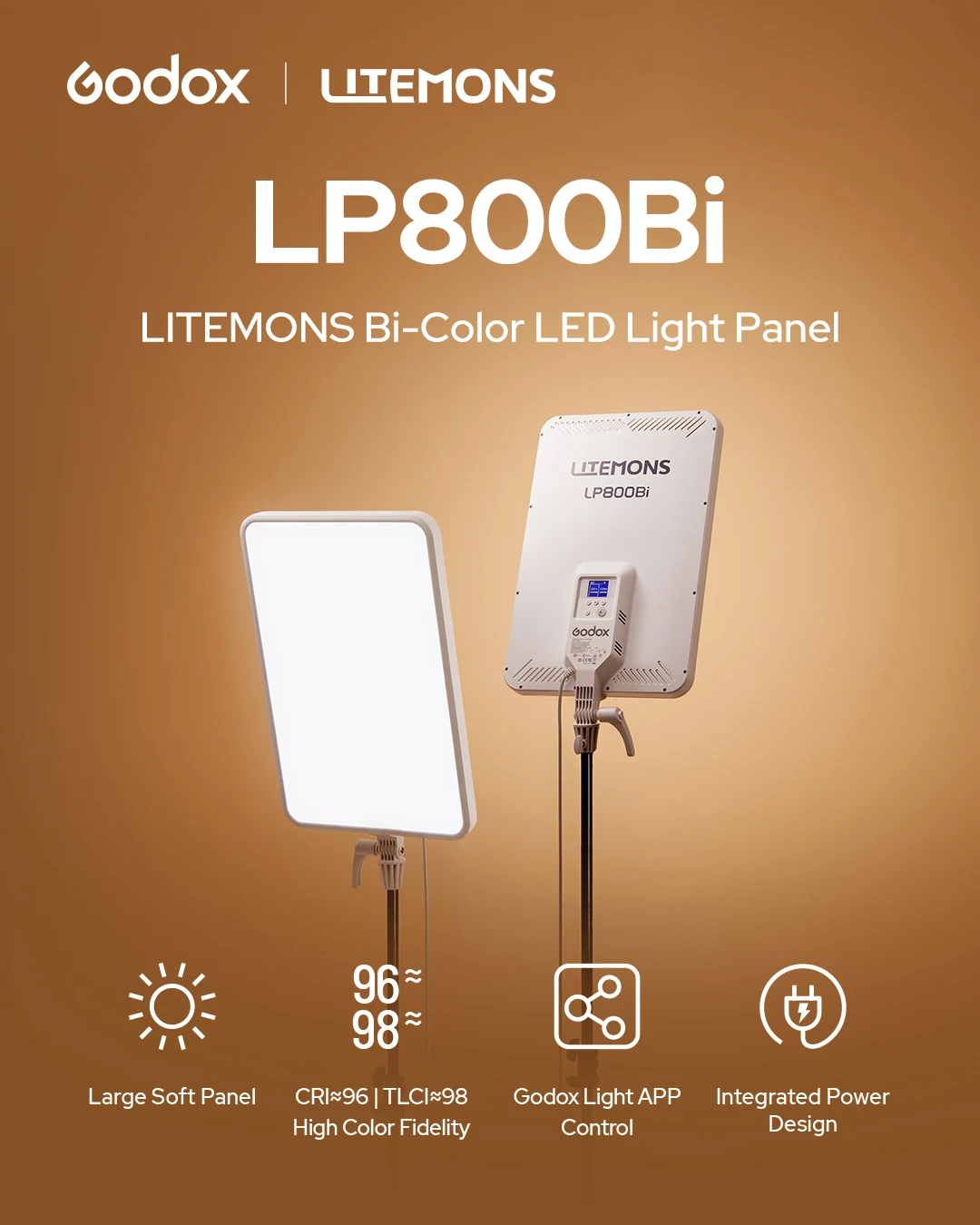 Фото Светодиодная панель Godox LITEMONS LP800Bi 85W Bi-Color 2800-6500K CRI96 с 11 эффектами, бесшумным охлаждением и управлением через приложение для прямых трансляций, видеоблогов и студийной съемки №2