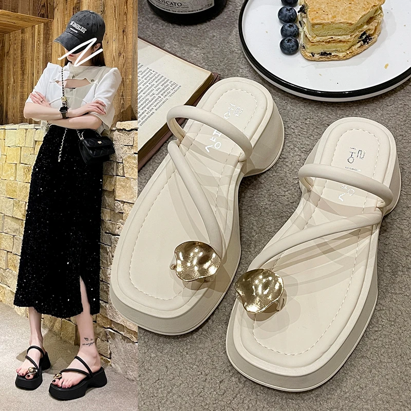 

2023 New Women's Summer One Word with Square Heels High Heels Lazy People Square Toe Open-toe Outside Wearing Half Drag Sandals