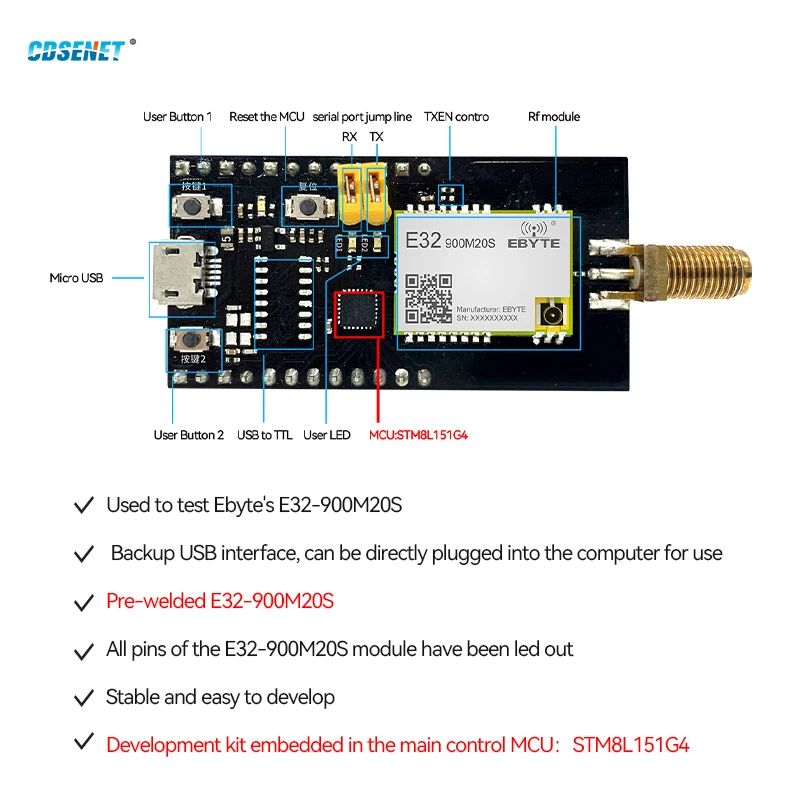 SX1278 868-915MHz Lora Test Board 20dbm Compatible E220/E32/E22 E32-900MBL-01 USB Interface with Antenna and Power Supply