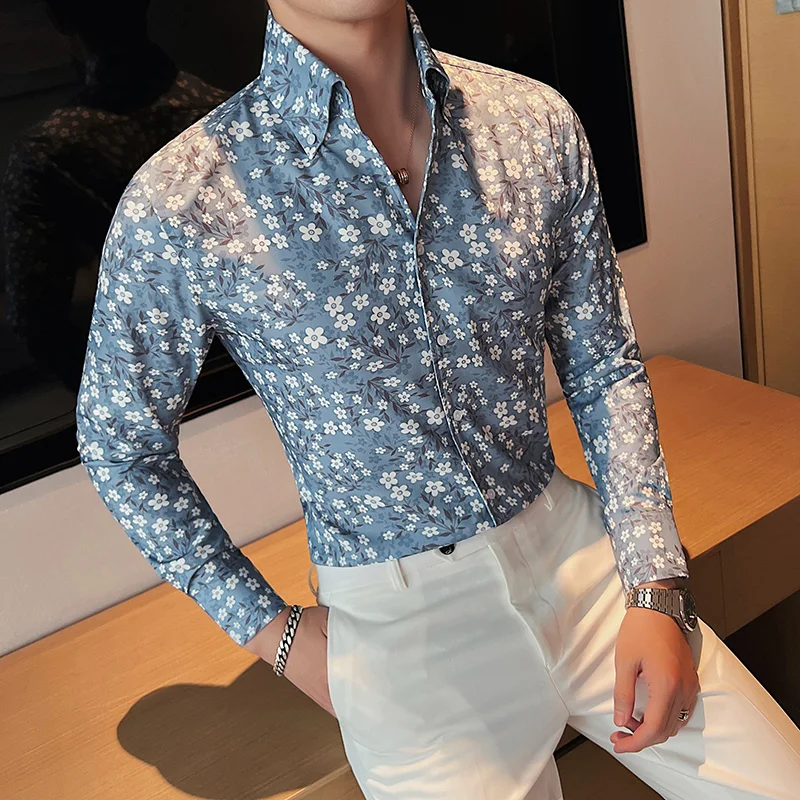 

Рубашка мужская с цветочным принтом, приталенная сорочка с длинным рукавом, дышащие шорты, Повседневная Деловая одежда в Корейском стиле, Y30, весна 2023