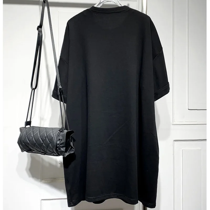 Korean Round Neck Patchwork Denim Plus Size Summer Black Versatile Short Sleeve Loose Mid Length Version T-Shirt Straight Dress