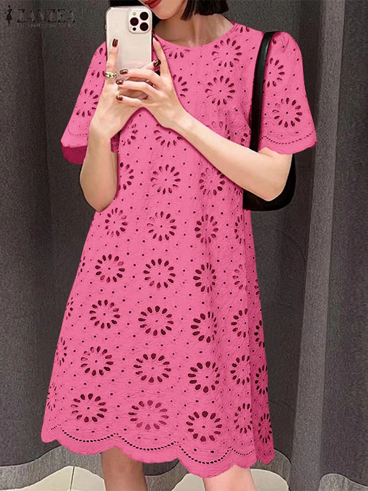ZANZEA элегантное женское мини-платье для отпуска с коротким рукавом и круглым