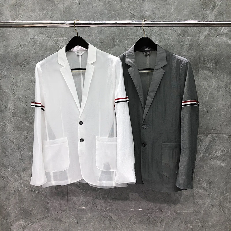 TB THOM Summer Suit Jacket Luxury Brand Classic Striped Male Blazer Summer Causal Ultra-Light Sun Protection Skin Coats