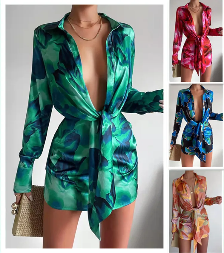 

OL Elegant Chic Women's Party Dress 2023 Long Sleeve Lapel High Waist A-line Dresses Fashion Lace-up Print Clubwear Mini Robe