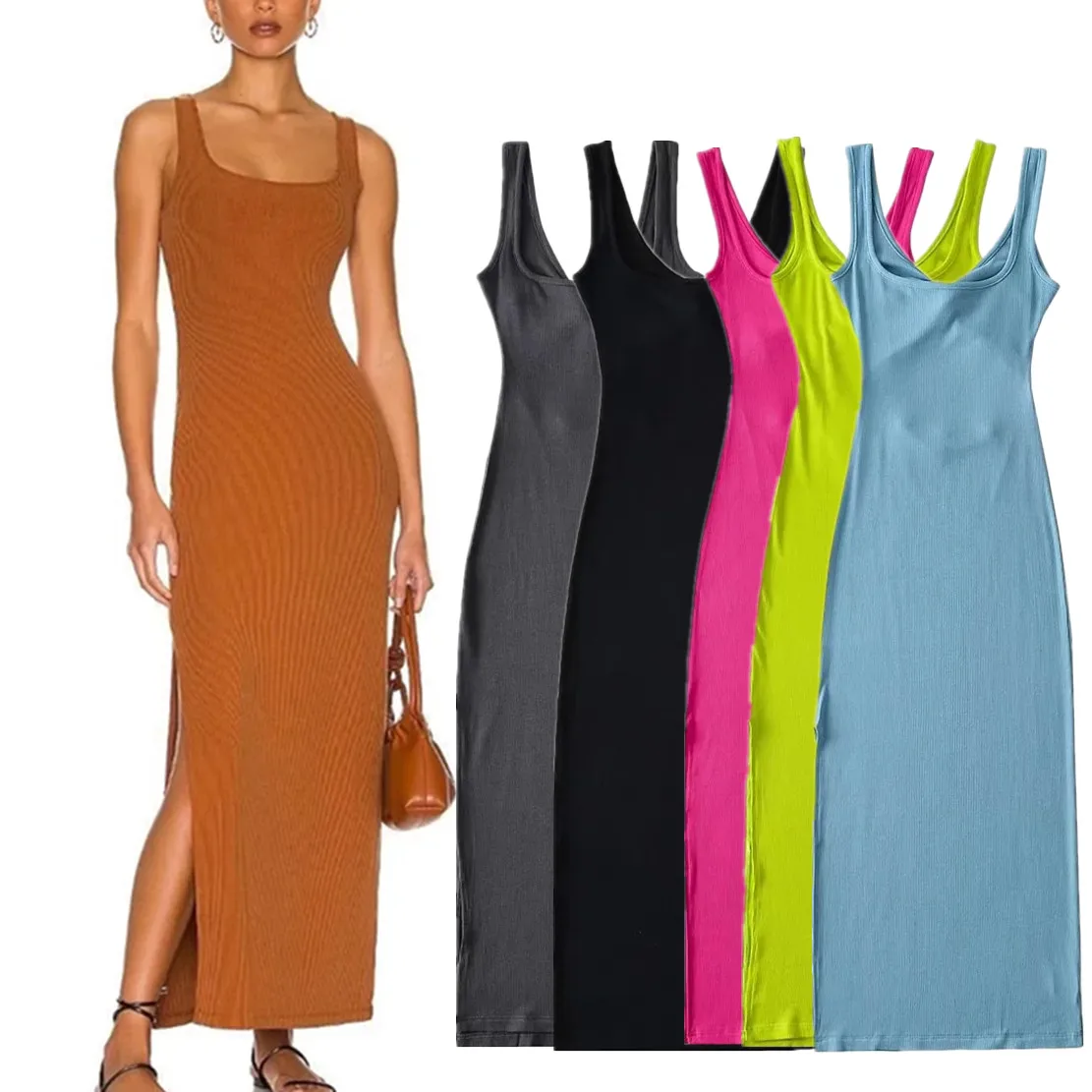 

Dave&Di Elegant Knitted Tank Dress Rib Knitted Forking Sexy Summer Dress Women French Style Fashion Dress