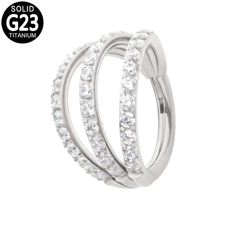 

G23 Titanium Nose Ring Hoop Septum Clicker Piercing 3 Side CZ Pave Ear Cartilage Helix Tragus Earrings Hinged Segment Jewelry