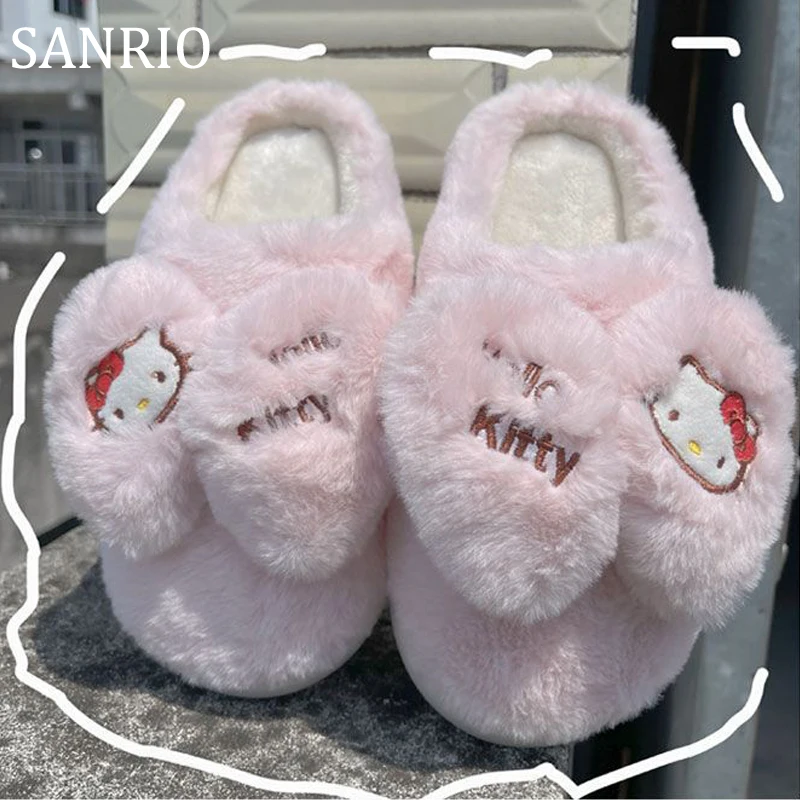 

Sanrio, Hello Kitty плюшевые зимние хлопковые тапочки Мультяшные милые домашние Нескользящие полусумки с толстой подошвой очень симпатичные хлопковые туфли