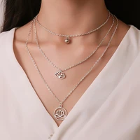 lotus sliver multi layer necklace women temperament punk link chain choker collar statement round pendant female jewelry gift