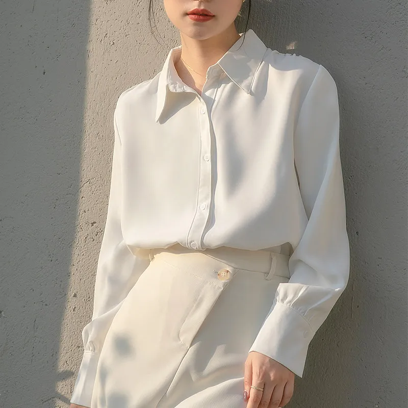 

2022 spring and autumn blue casual long-sleeved shirt women's office lady new design professional Korean fashion polo-neck tops