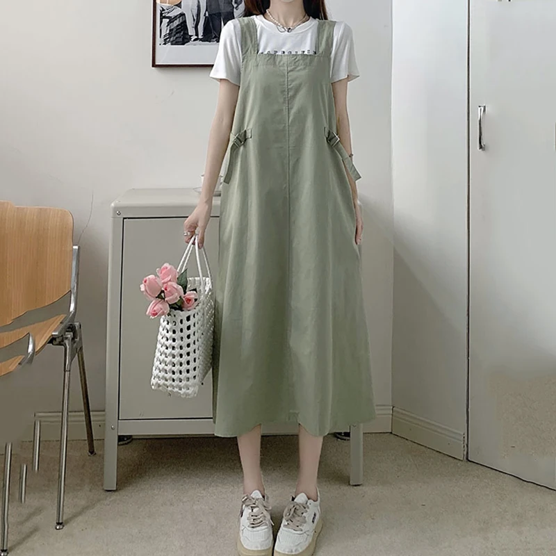 

New Casual Spaghetti Strap Summer Dress Women Cotton Long Vestidos Harajuku Girl Loose Sleeveless Overalls Dresses 2022