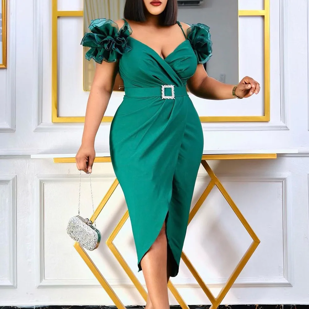 

Green Dress Women 2022 Summer Bodycon Sexy Deep V Neck Fashion 3D Floral Plain Elegant Female Night Club Party Dresses Woman