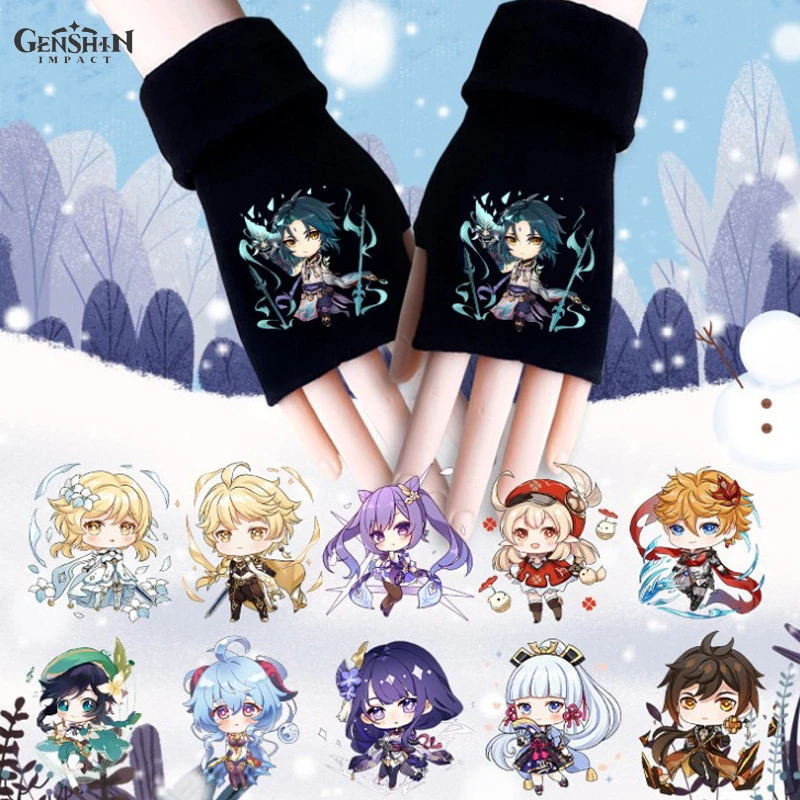 

Game Genshin Impact Gloves Cartoon Printing Keep Warm Cotton Knit Mittens Figure Klee Ganyu Keqing Zhongli Hutao Peripheral Gift