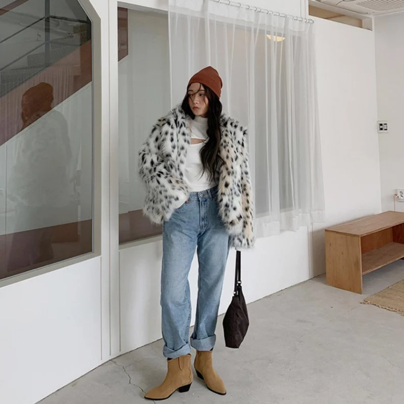 Winter Notched Collar Hairy Shaggy Tuscan Cat Leopard Fur Jacket Long Sleeve Furry Fur Women Jacket Short Outerwear Faux Fur