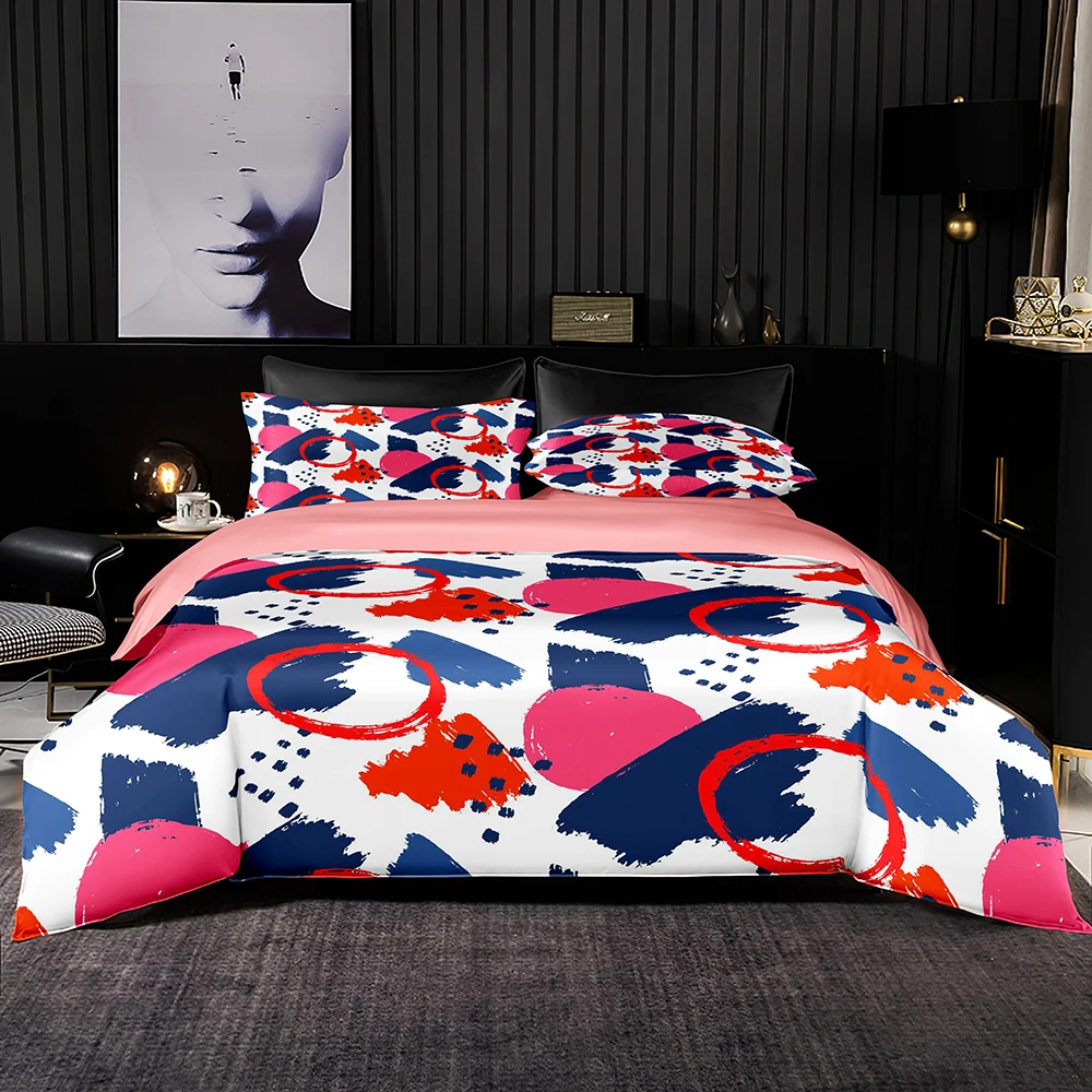 

2/3 Set Bedding Set Blue Pink Geometry Print,Girlish Style Duvet Cover 220x240,Modern Set with Pillowcase for King Queen Size