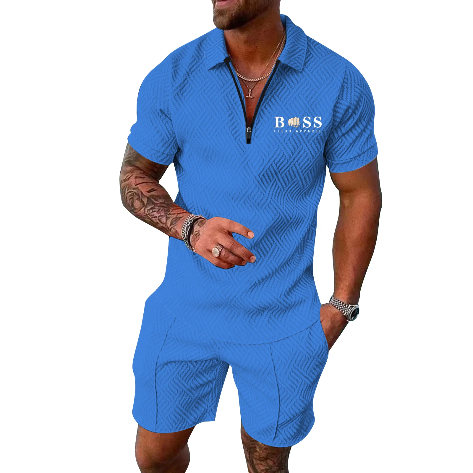 Men Summer Brand Tracksuit Fashion Turn Down Collar Zipper Polo Shirt+Shorts Sports Jogging Suit Casual Stylish Sweatersuit Set