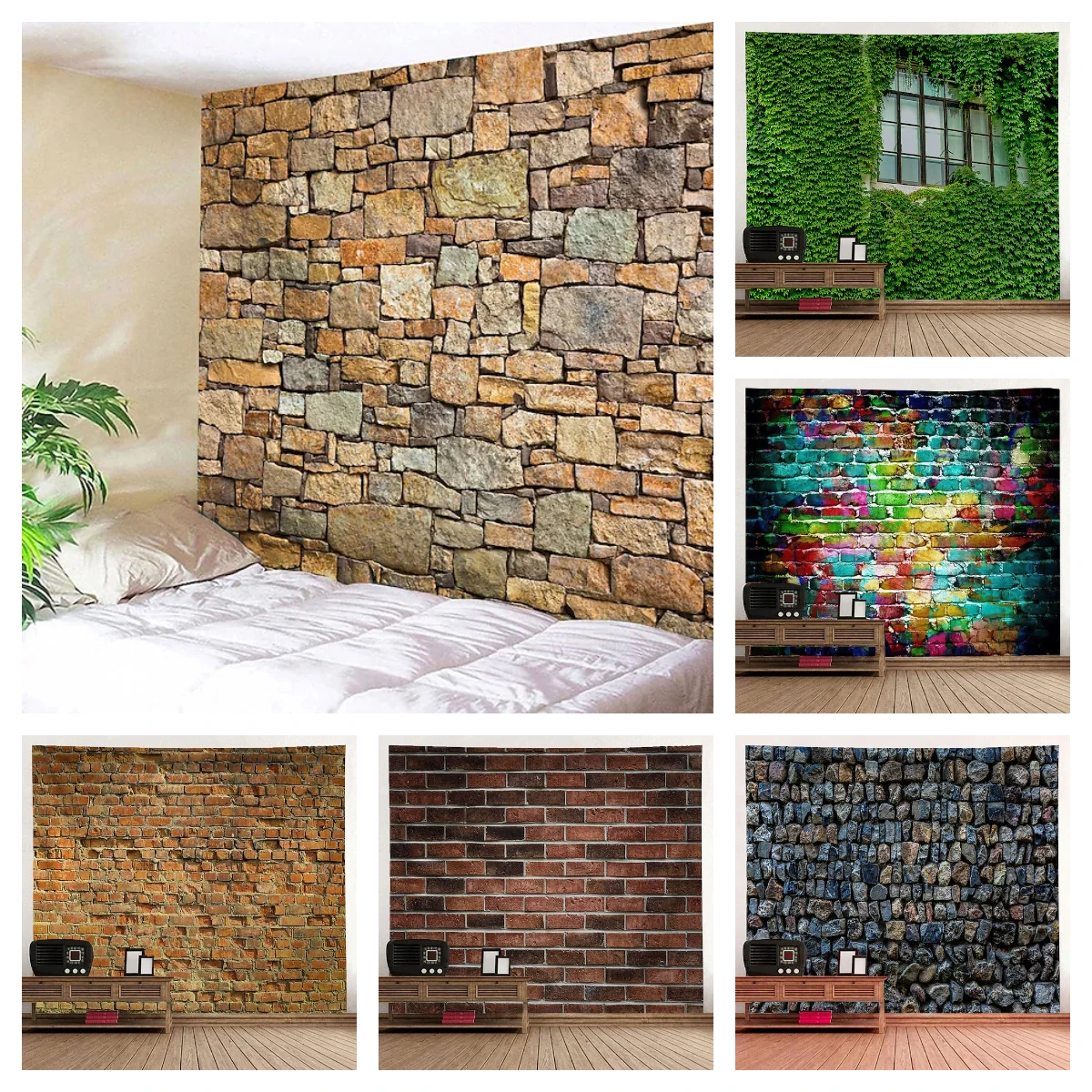 

Brick Wall Tapestry Rustic Wood Board Aesthetic Room Decor Rock Wall Tapestries Art Bohemian Home Decoration Accessories Polyest