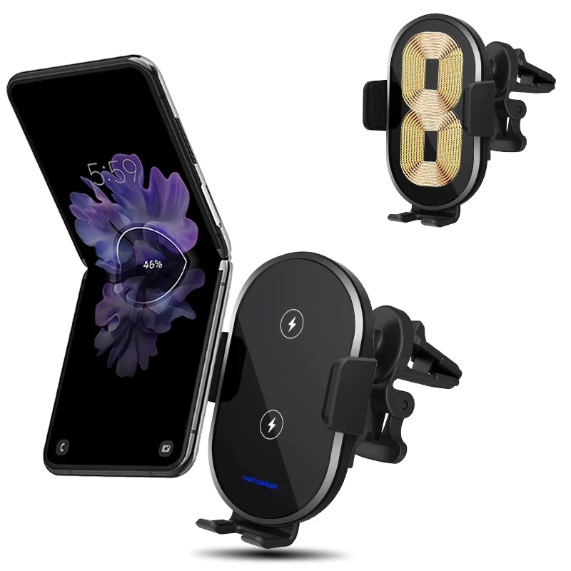 

Auto Clamping Wireless Car Charger 15W Qi Fast Charging With Double Coils Car Phone Mount Holder for iPhone 13 Samsung z flip 3