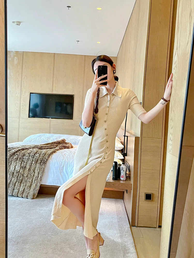 

Женское однобортное трикотажное платье в стиле ретро, бежевое офисное платье-трапеция с коротким рукавом и воротником-поло, для лета