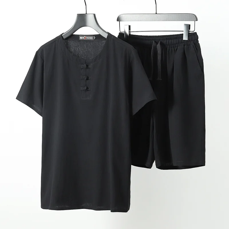 

New Men's SuitTMen's Cotton and Linen Shorts Chinese Style ThinTT-shirt Summer Casual Pants Young and Middle-Aged Two-Piece Suit