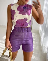 purple vest shorts suit womens belt 2022 new womens two piece summer vacation suit