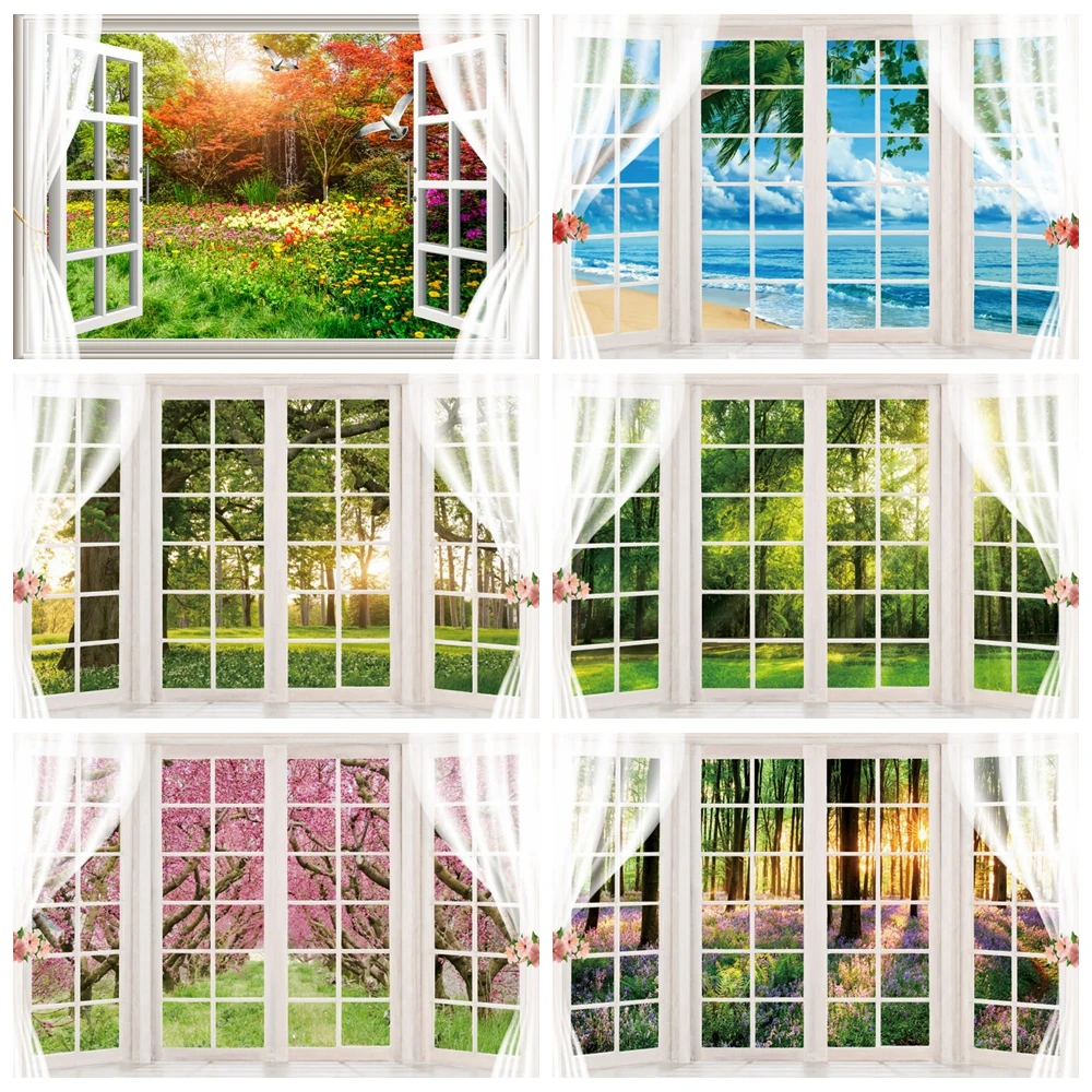 

Spring Window Landscape Backdrops Summer Sea Ocean Scenery Photography Office Room Decor Photo Backdrop Photographic Studio
