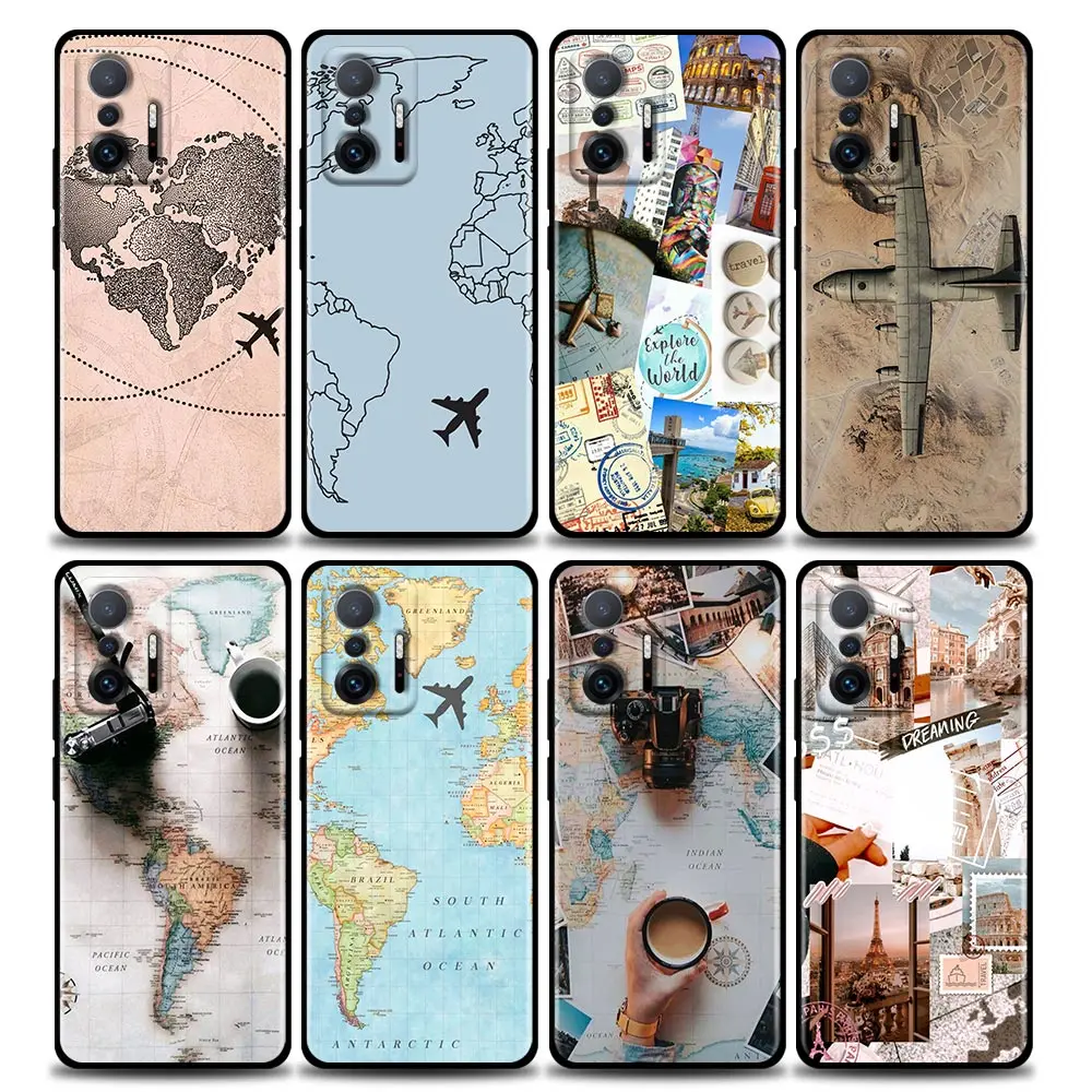 

Phone Case for Xiaomi 12 12X 11 11X 11T X3 X4 NFC M3 F3 GT M4 Pro Lite NE 5G TPU Case Cover Fundas Capa World Map Travel Airplan