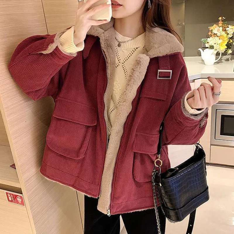 Thicken Women's Winter Jacket Korean Loose All-match Corduroy Coat for Women Oversize Casual Zipper Warm Plush Overcoat 2022 New