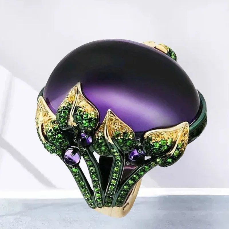 Milangirl Big Oval Purple Crystal Zircon Rings for Women Vintage Fashion Rose Gold Color Engagement Ring Valentine's Day Gift