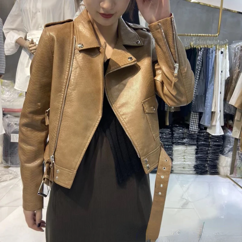 

Autumn Women Faux Soft Leather Loose Jacket Coat Turndown Collar Zipper PU Motorcycle Overcoat Female Rivet Punk Jacket L400