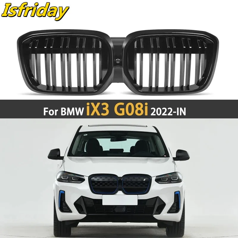 

Dual Slats Piano Black Radiator Front Bumper Kidney Grille For BMW iX3 G08i 2022+ Car Styling Racing Grills Replacement