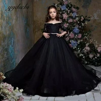2022 black off the shoulder flower girl dresses for wedding tulle kids pageant prom dress elegant ball gown vestidos de novia