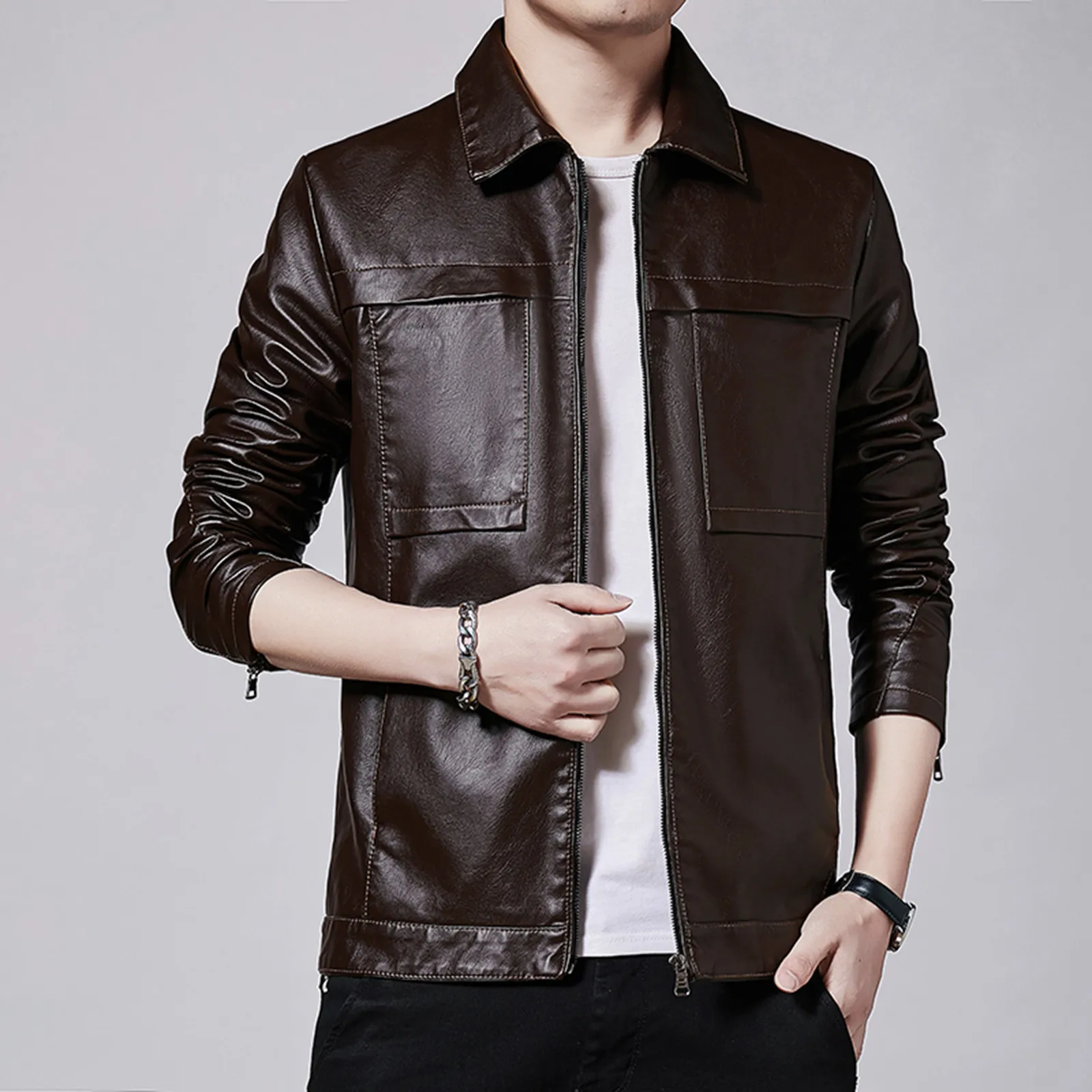 

Men Casual Long Sleeve Autumn Winter Turndown Neck Top Zipper Coat Jackets With Pockets Rain Coat Fleece Faux Leather Jacket