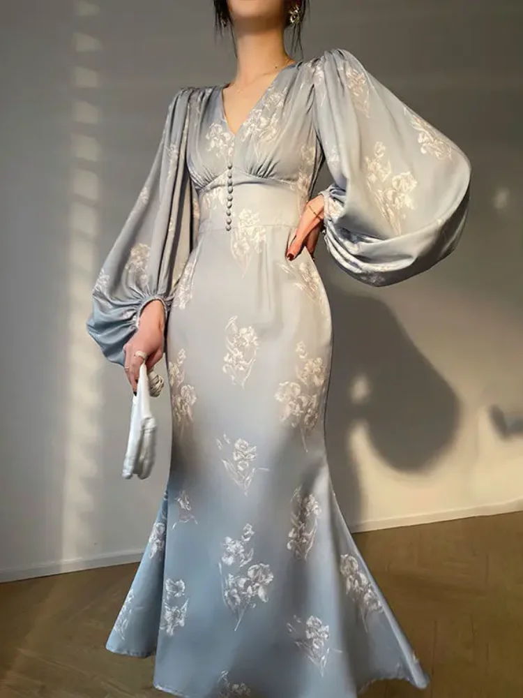 Элегантные платья русалки женские весенние новые с длинным рукавом и v-образным