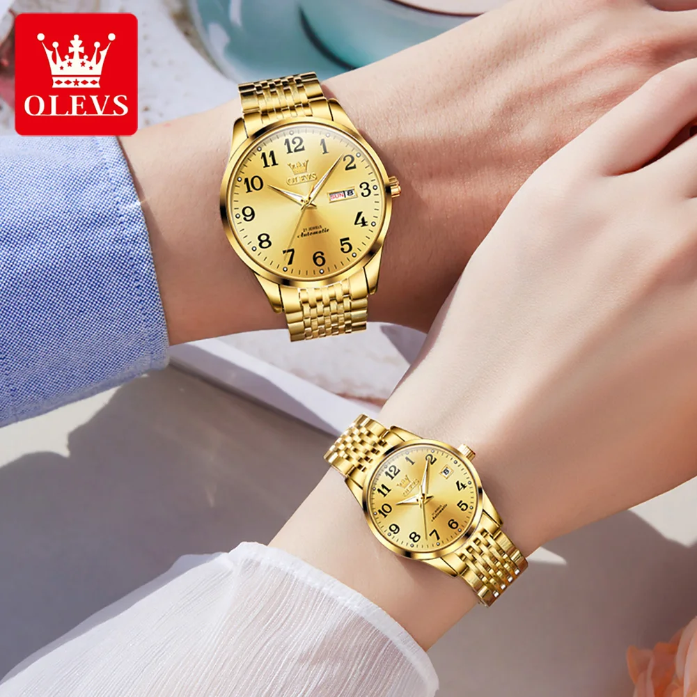 OLEVS New Lover Mechanical Watch Top Brand Luxury Waterproof Stainless Steel Paired Men Women Automatic Watches Couple Week Date
