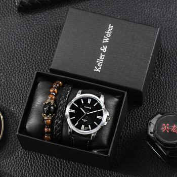 New High Grade Men's Watch Set Black Large Dial Leather Strap Vintage Woven Bracelet Bead Chain Luxury Quartz Watches Gift Box-36881