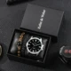 New High Grade Men's Watch Set Black Large Dial Leather Strap Vintage Woven Bracelet Bead Chain Luxury Quartz Watches Gift Box Other Image