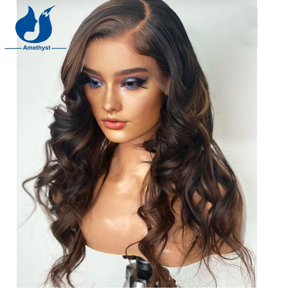 Amethyst Highlight Dark Brown Body Wave Lace Front Human Hair Wigs Brazlian Remy Hair 13x4 Lace Frontal Wig For Women Preplucked