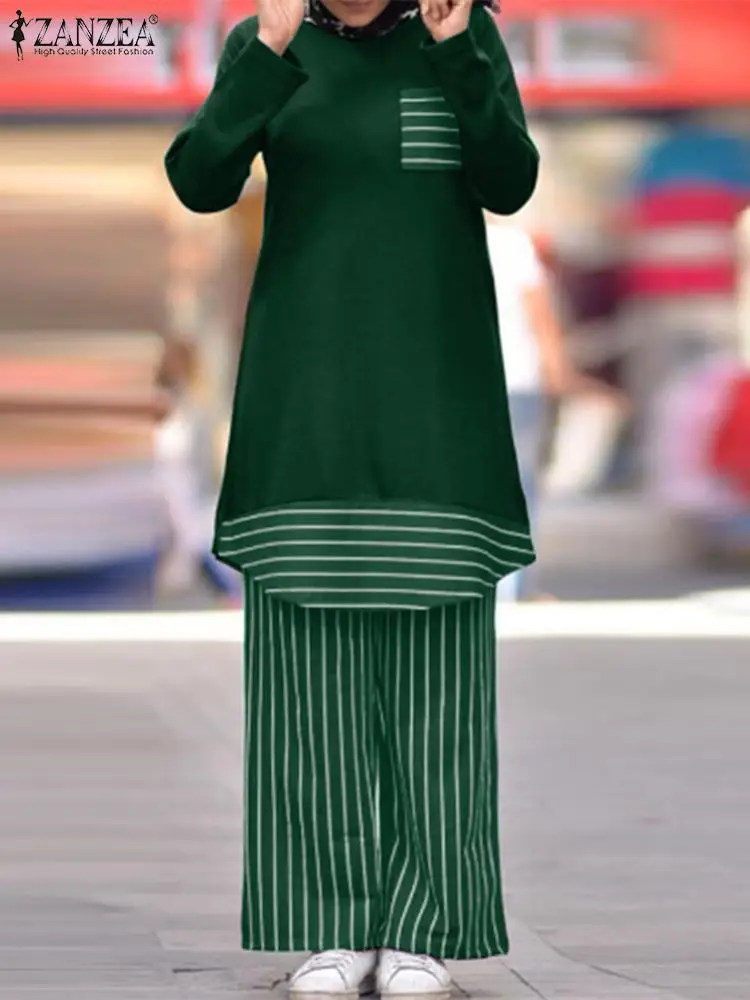 

Мусульманский модный костюм ZANZEA Рамадан Abayas спортивный костюм 2 шт. блузка с длинным рукавом Свободные Брюки Полосатый элегантный винтажный костюм