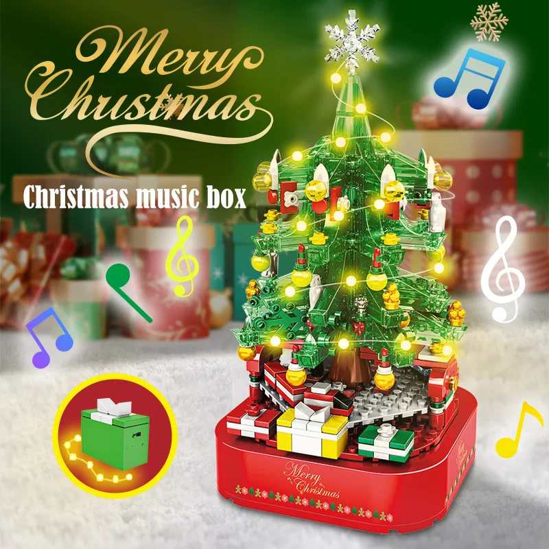 

City Christmas Tree Rotating Music Box Building Blocks Friends Santa Claus LED Light Shining Bricks Toys For Kid Girls Xmas Gift
